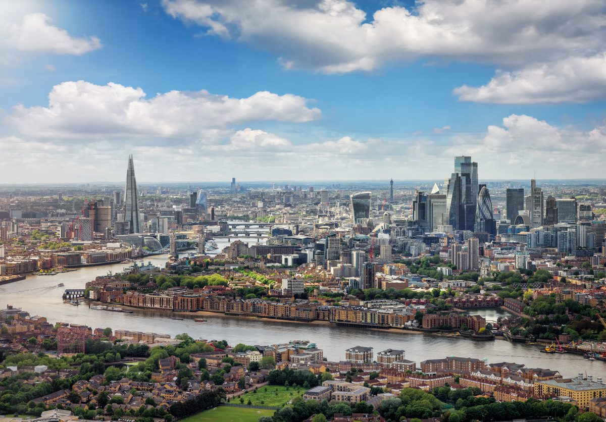Elevated panorama of the London skyline during a sunny day
