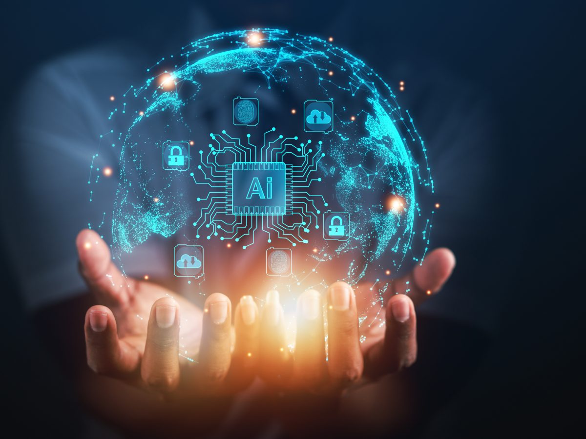 concept of innovation Businessmen show the world of modern holograms with comprehensive wireless business networking technology AI.