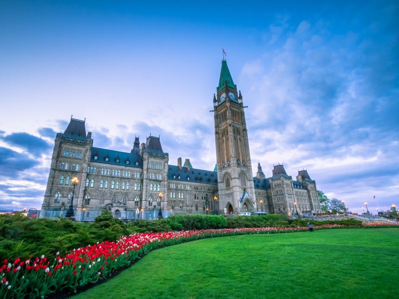 View of Canada Parliament building in Ottawa during tulip festival