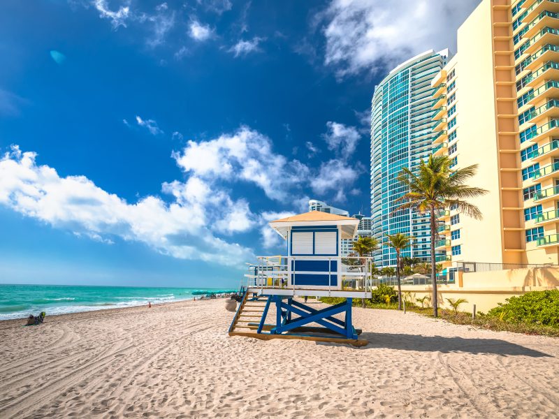 Turquoise sand ocean beach and waterfront in Hollywood, Florida view
